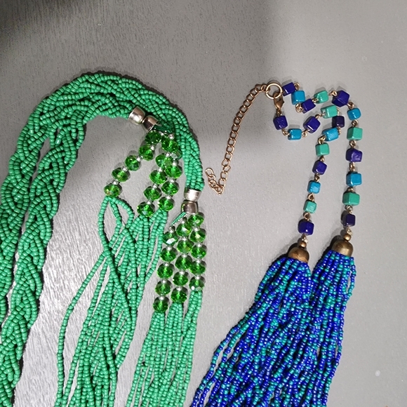 Fashion costume jewelry necklace lot Glass seed beads multi layered green blue - Picture 9 of 10